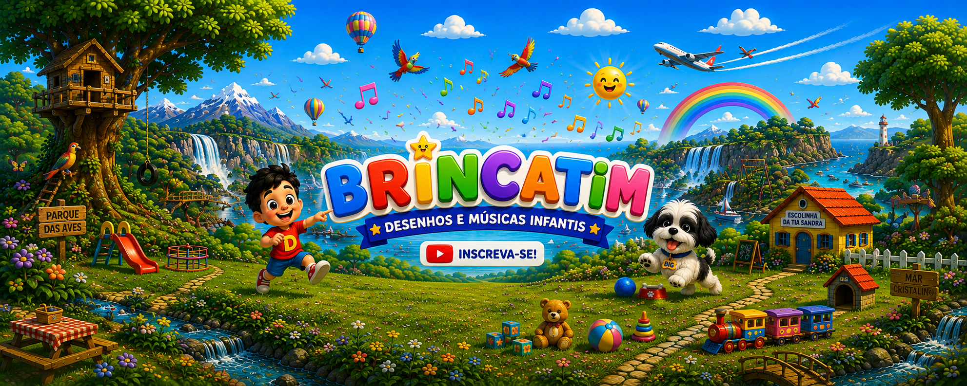 Personagens da Brincatim em um parque colorido